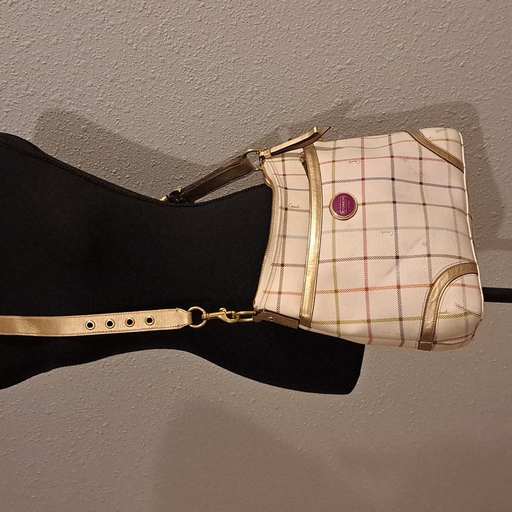 Coach Tattersall Peyton Plaid Cream and Tan Crossbody Bag with Gold Chain Strap